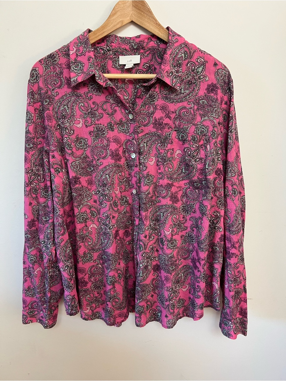J.Jill Women's Size L Pink Paisley Button Down Shirt 100% Cotton Long Sleeve